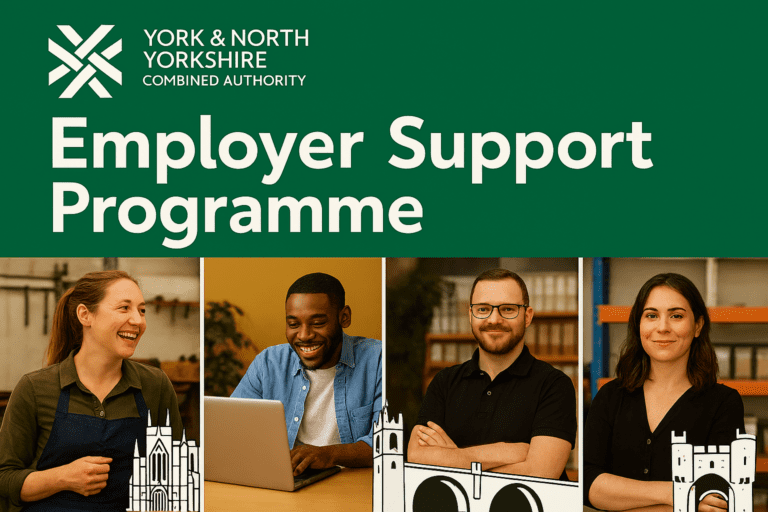 Employer support programme heading along with learners and depiction of NY landmarks